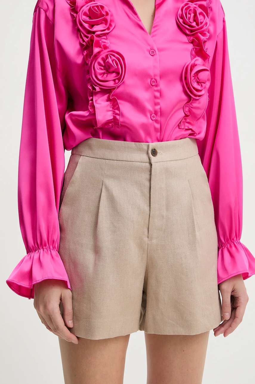 Answear Lab pantaloni scurti din in femei, culoarea bej, neted, high waist