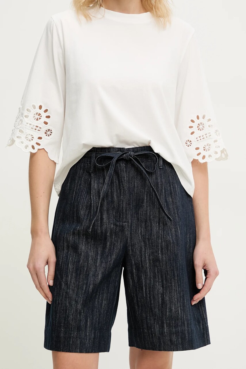 Answear Lab pantaloni scurti jeans femei, culoarea albastru marin, neted, high waist