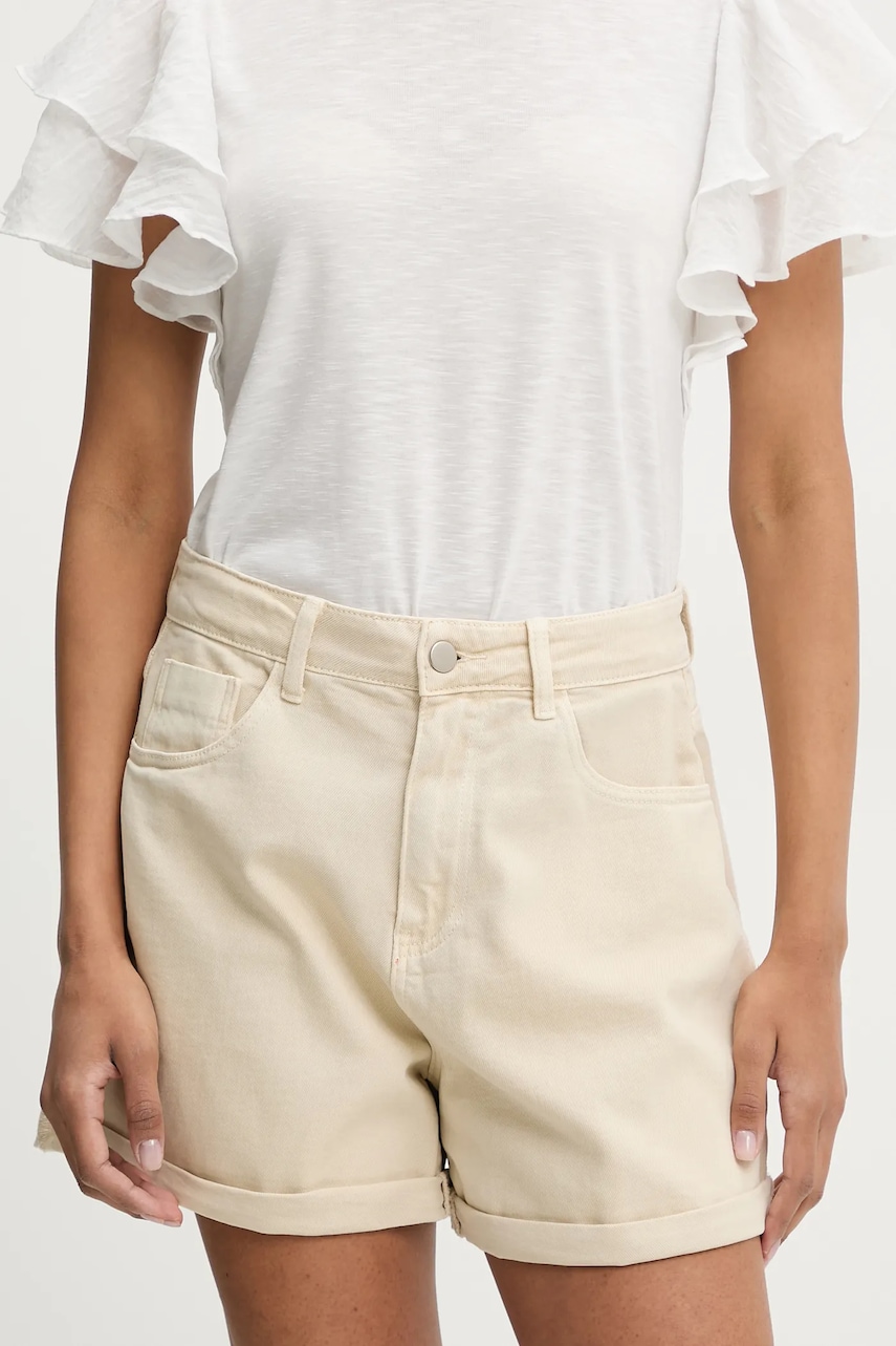 Answear Lab pantaloni scurti jeans femei, culoarea bej, neted, high waist