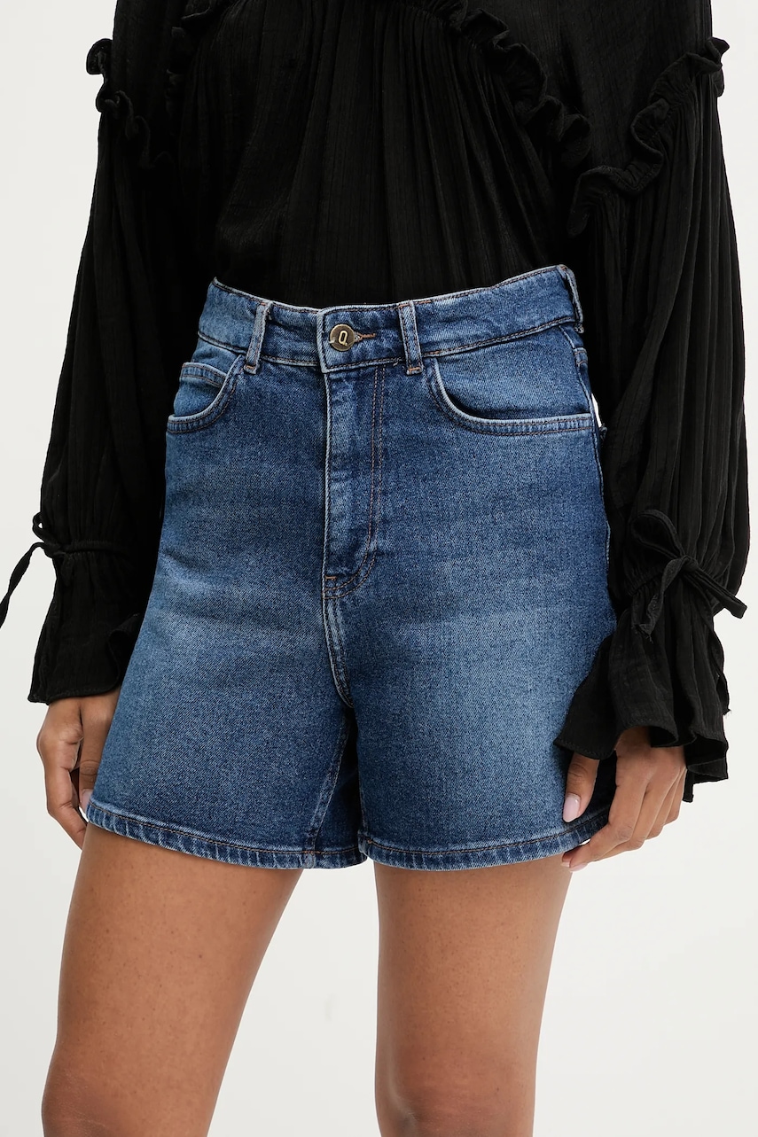 Answear Lab pantaloni scurti jeans culoarea albastru marin, neted, high waist