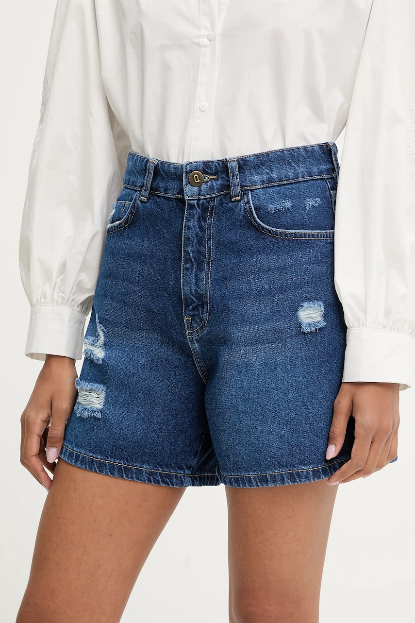 Answear Lab pantaloni scurti jeans culoarea albastru marin, neted, high waist