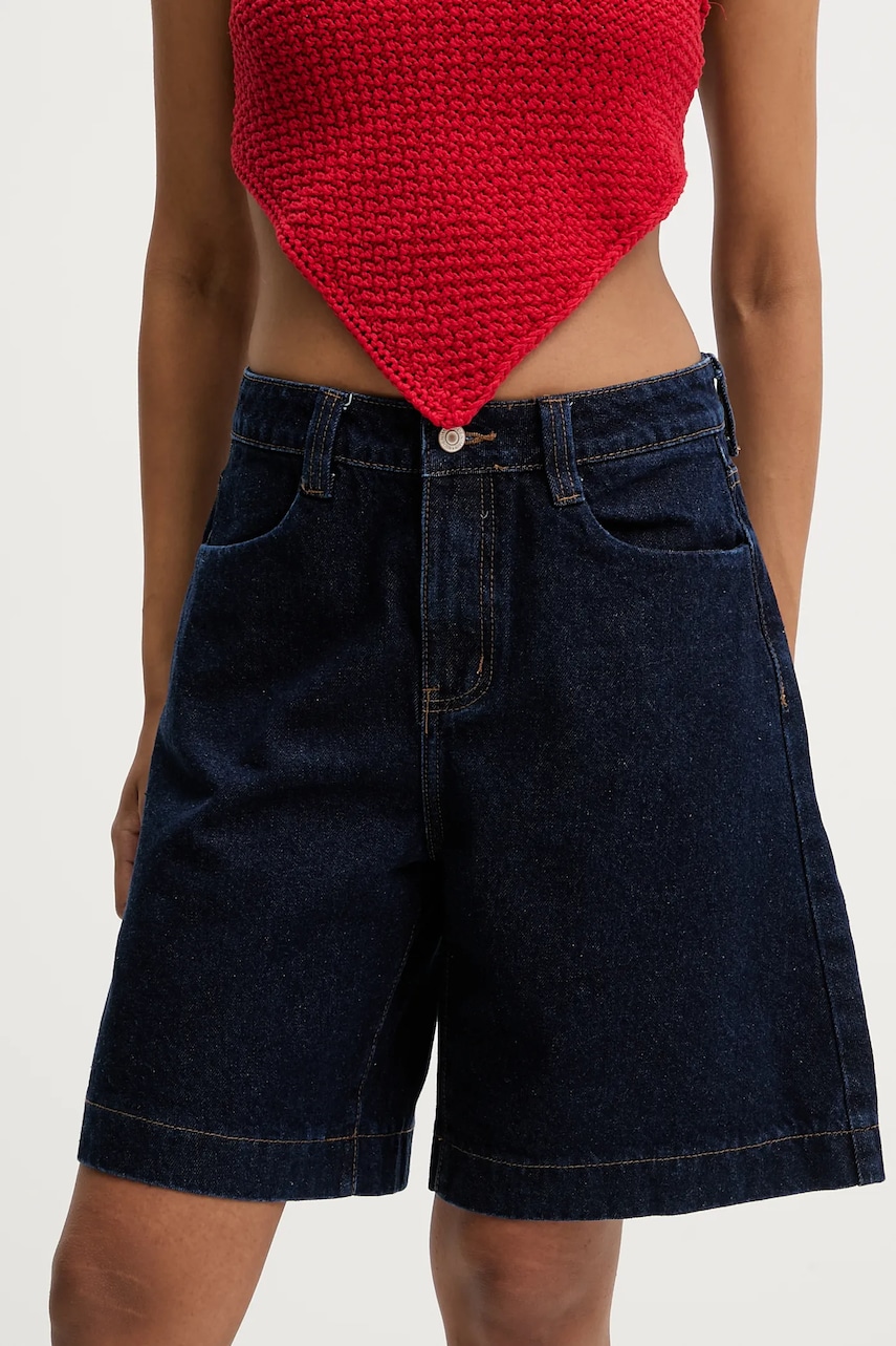 Answear Lab pantaloni scurti jeans culoarea albastru marin, neted, high waist