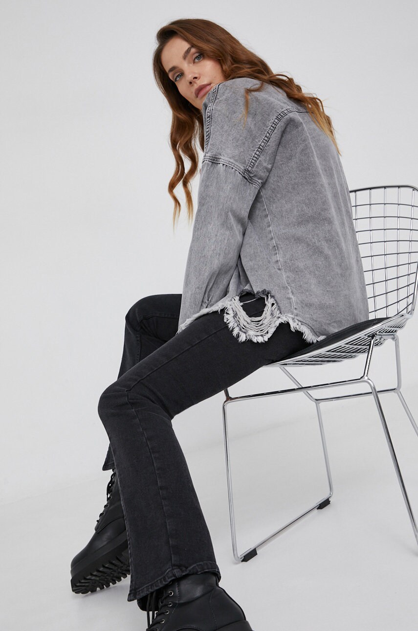 Answear lab cămașă jeans femei, culoarea gri, cu guler clasic, relaxed