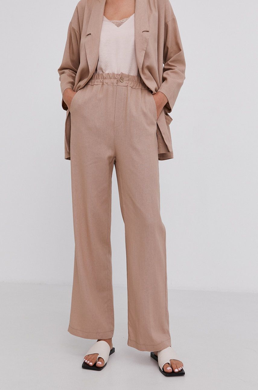 Answear Lab Pantaloni din in Pure Linen femei, culoarea bej, model drept, high waist