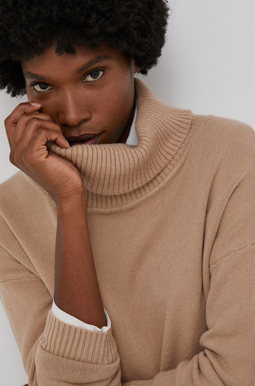 Answear Lab Sweter z domieszką wełny damski kolor brązowy z golfem
