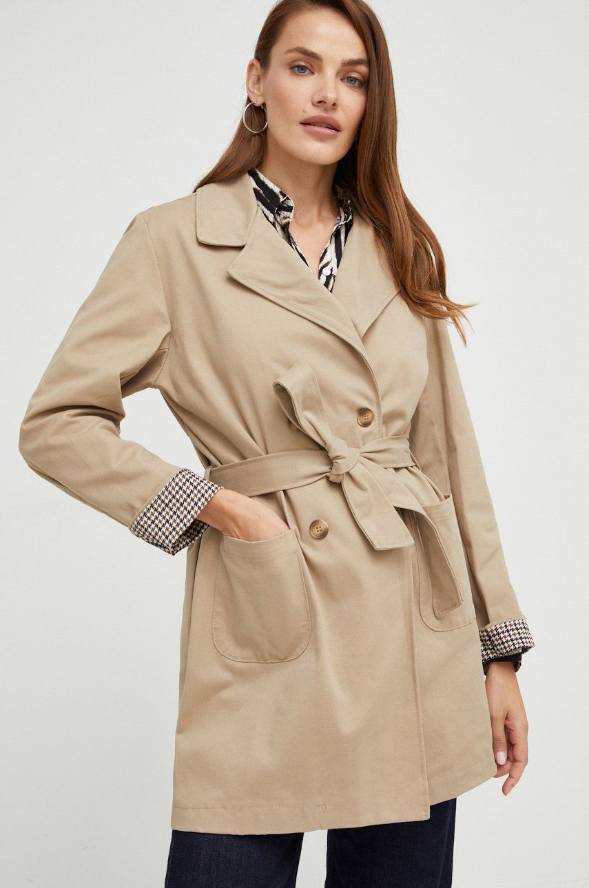 Kabát Answear Lab dámský, hnědá barva, přechodný, dvouřadový - hnědá -  97% Bavlna