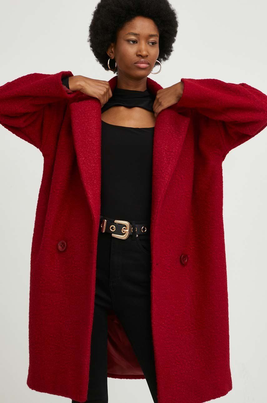 Answear Lab płaszcz z wełną kolor czerwony przejściowy oversize