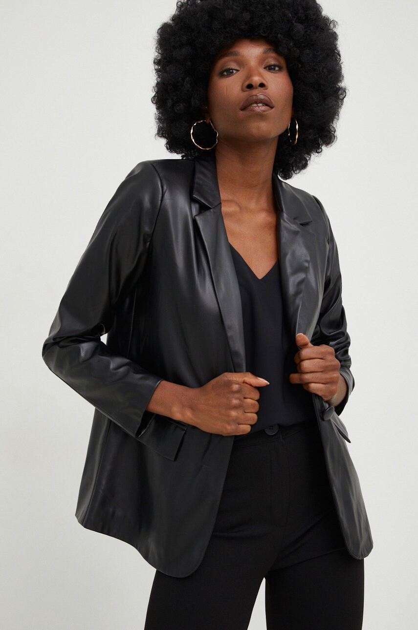 Answear lab sacou femei, culoarea negru, un singur rand de nasturi, neted