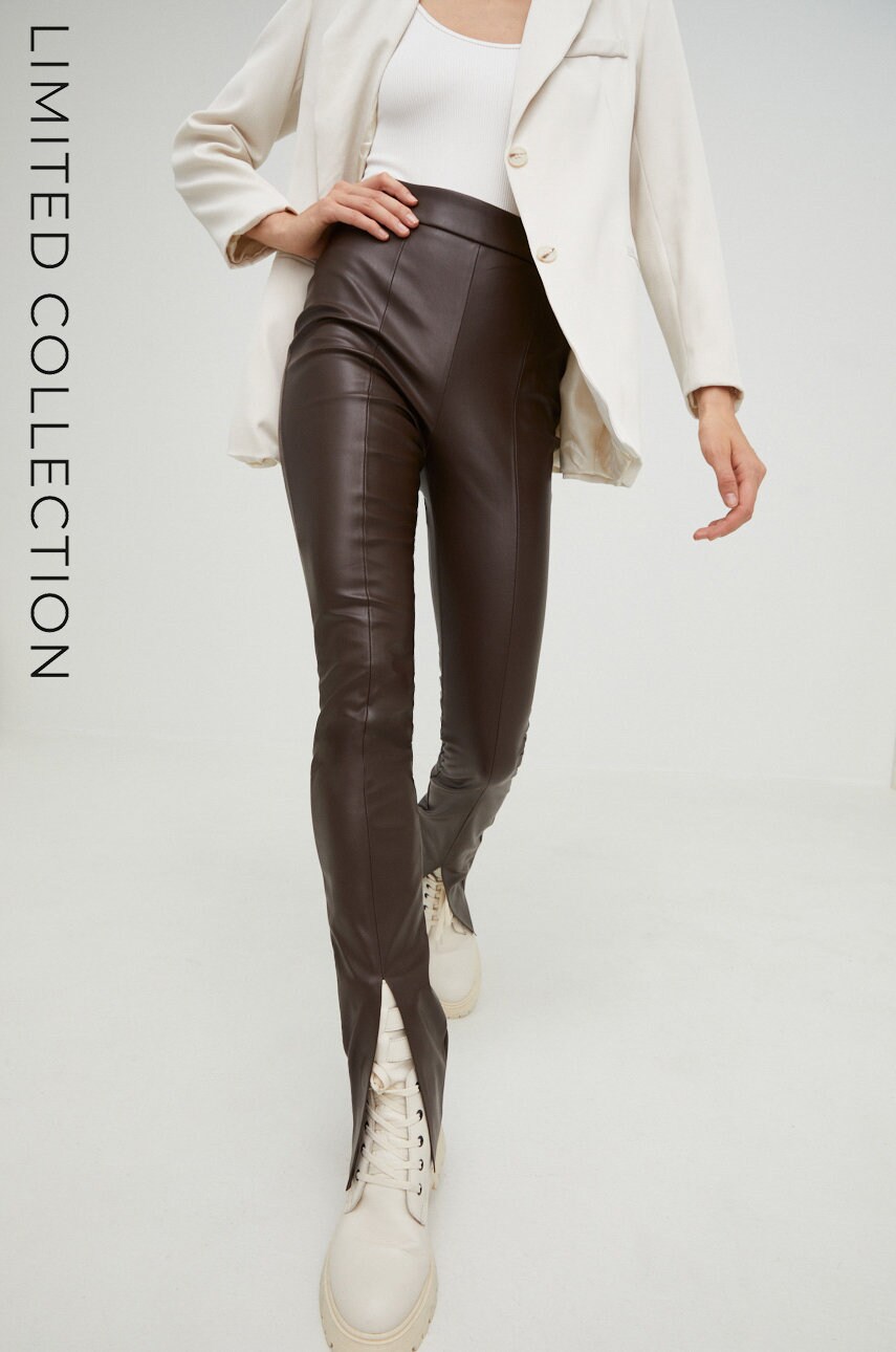 Answear lab pantaloni femei, culoarea maro, evazati, high waist