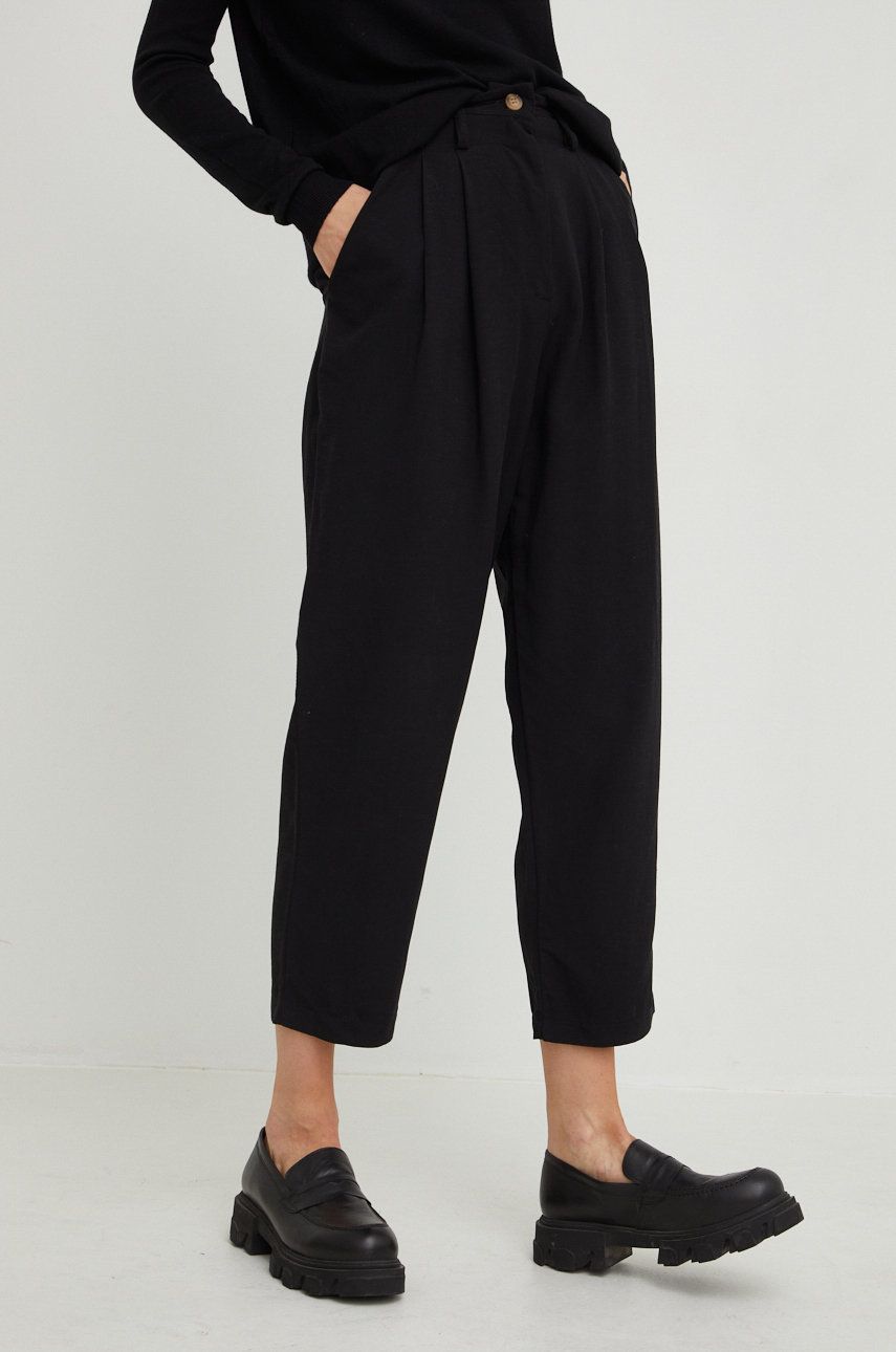 Answear Lab pantaloni din in Linen Blend femei, culoarea negru, drept, high waist Answear imagine promotii 2022