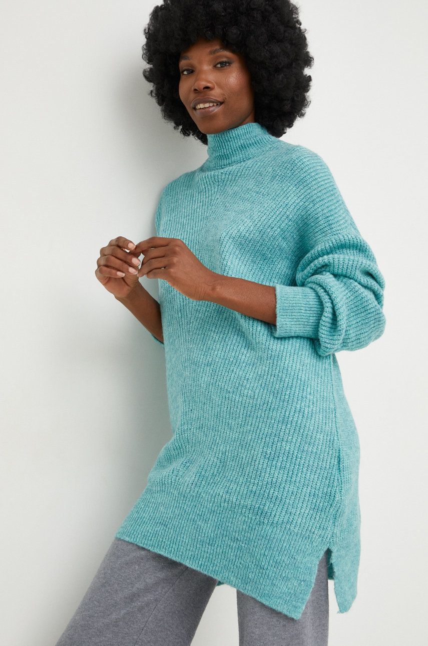 Answear Lab sweter z wełną damski kolor turkusowy z półgolfem