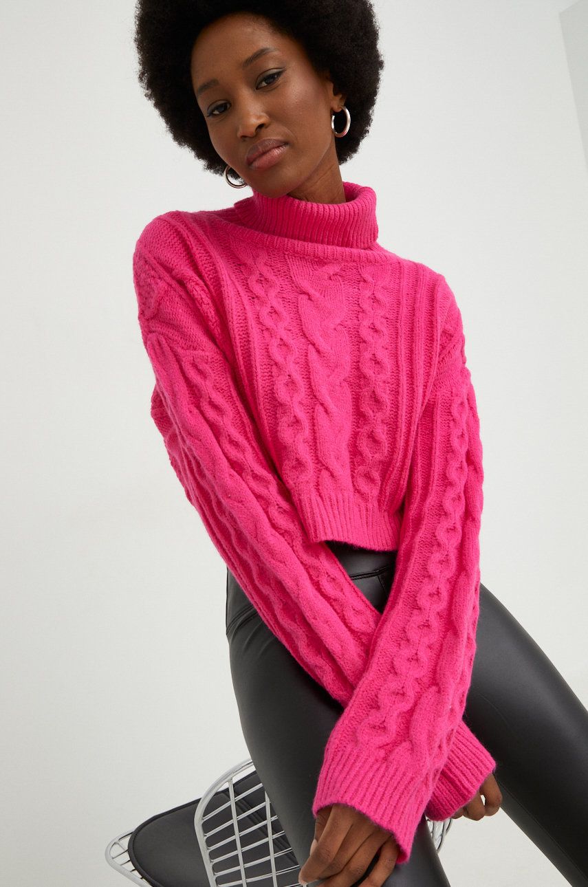 Answear Lab sweter z domieszką wełny damski kolor różowy z golfem