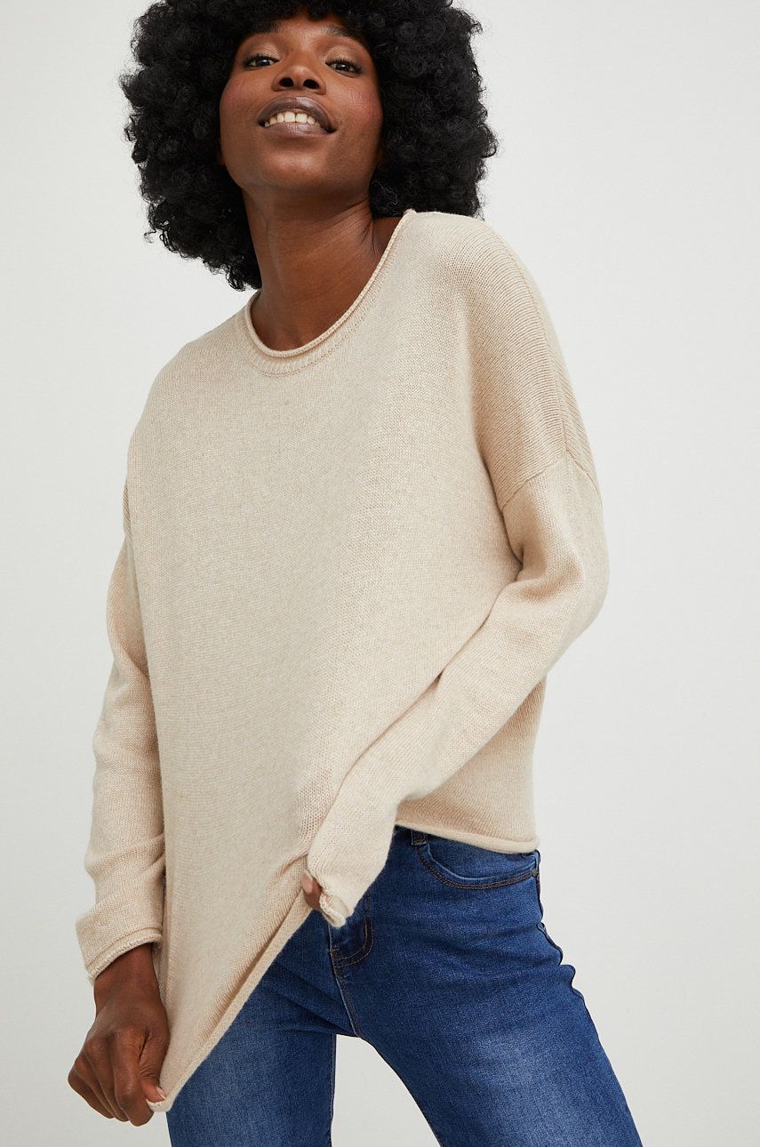 Answear Lab sweter wełniany damski kolor beżowy lekki