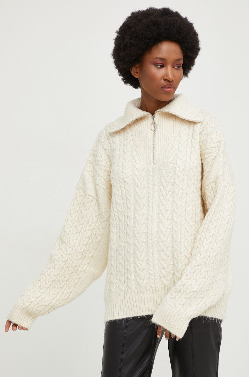 Answear Lab pulover de lana femei, culoarea bej, călduros, cu guler Answear imagine megaplaza.ro