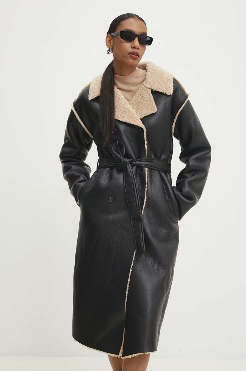 Answear Lab palton femei, culoarea negru, de tranzitie, oversize