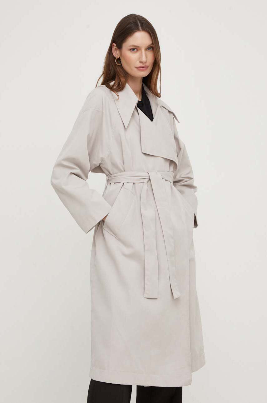 Trench kabát Answear Lab dámský, šedá barva, přechodný, oversize - šedá -  50 % Bavlna