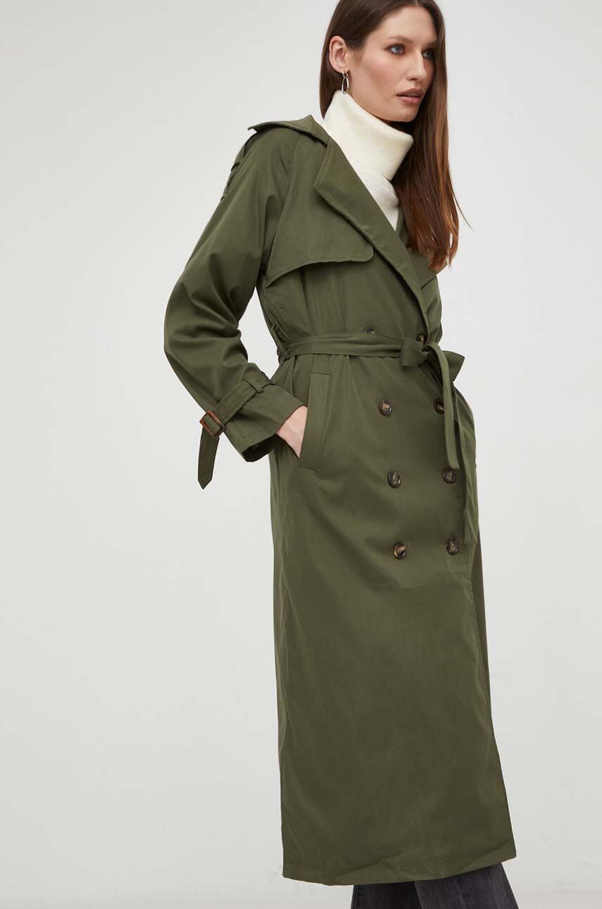 Levně Trench kabát Answear Lab dámský, zelená barva, přechodný, dvouřadový