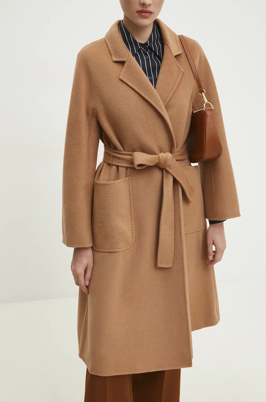 Answear.LAB płaszcz wełniany kolor beżowy przejściowy bez podszewki