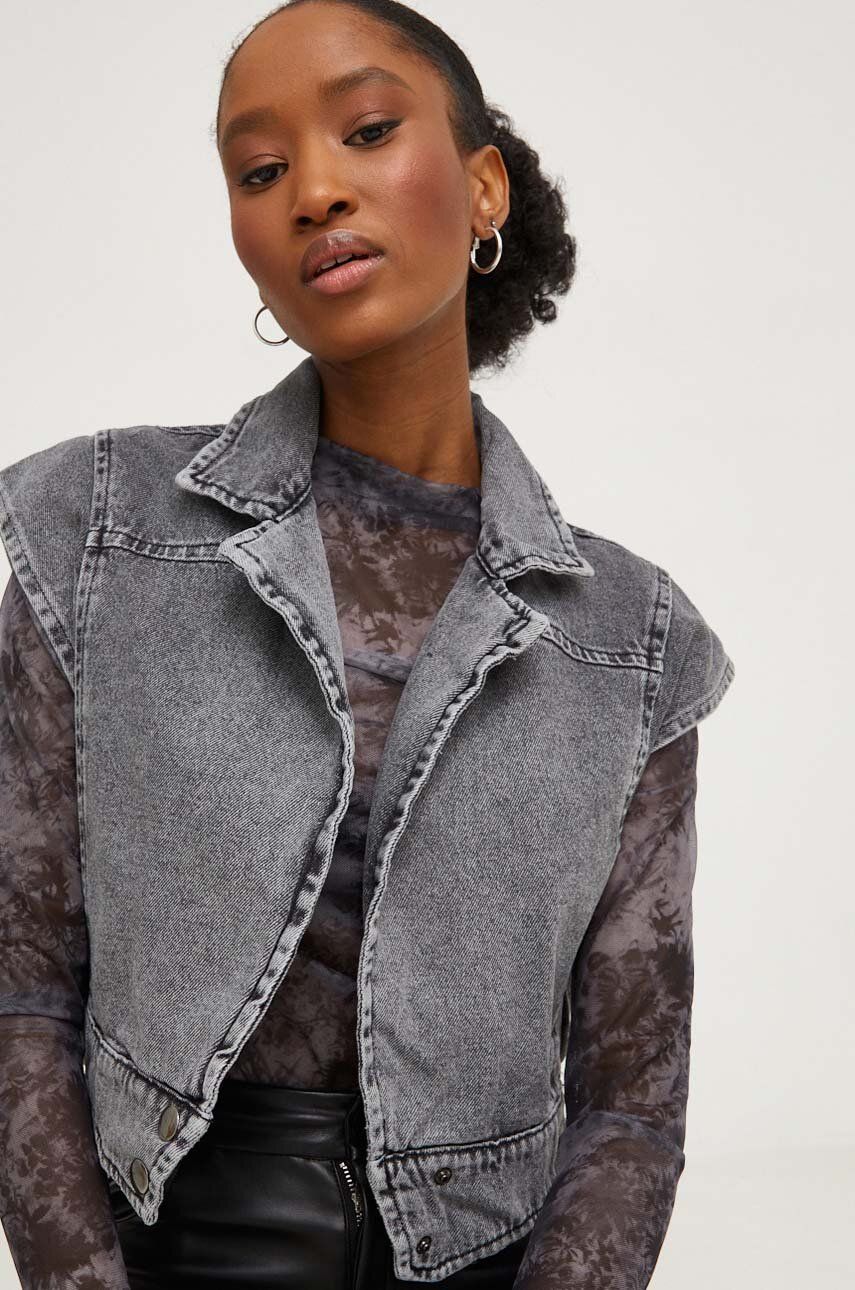 Answear Lab vesta jeans femei, culoarea gri, de tranzitie, oversize
