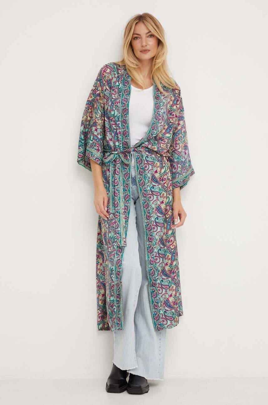 Answear lab kimono de mătase culoarea verde, oversize, modelator