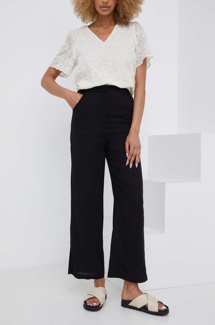 Kalhoty s lněnou směsí Answear Lab černá barva, jednoduché, high waist - černá -  55 % Viskóza