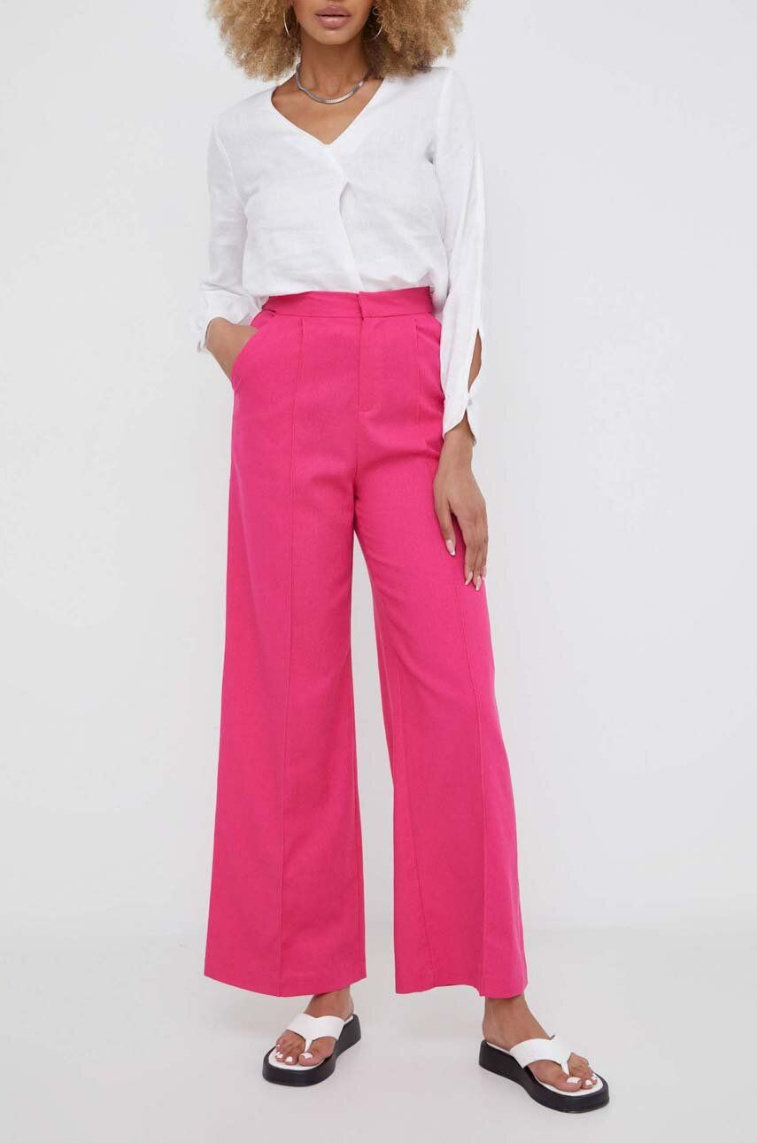 Kalhoty s lněnou směsí Answear Lab růžová barva, jednoduché, high waist - růžová -  70 % Bavlna
