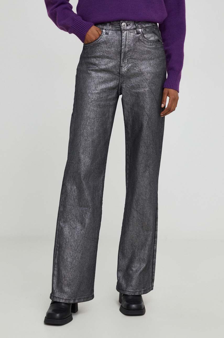Kalhoty Answear Lab dámské, stříbrná barva, jednoduché, high waist - stříbrná - 90 % Bavlna