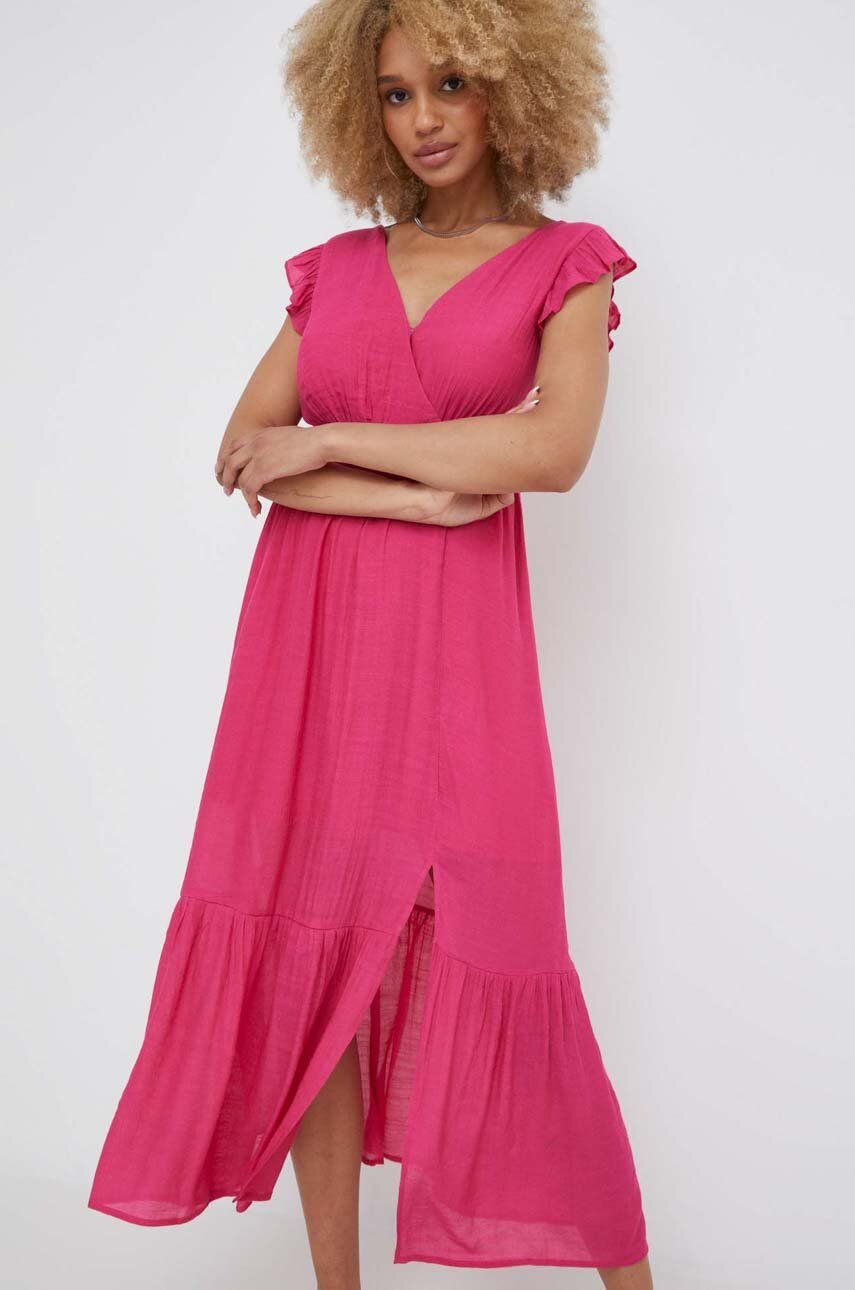 Plátěné šaty Answear Lab růžová barva, midi - růžová -  Hlavní materiál: 90 % Len