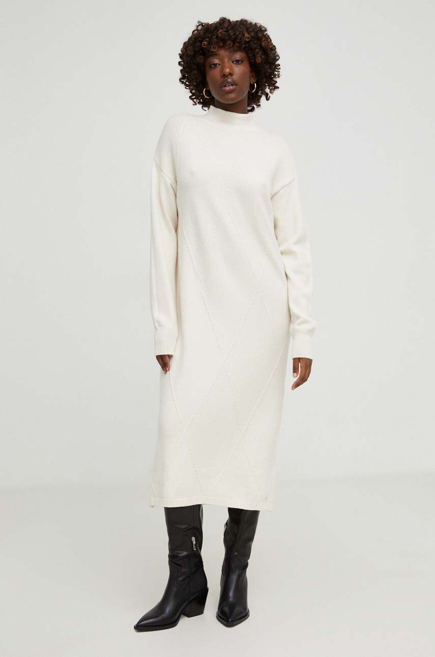 Šaty z vlněné směsi Answear Lab béžová barva, midi, oversize - béžová - 65 % Akryl