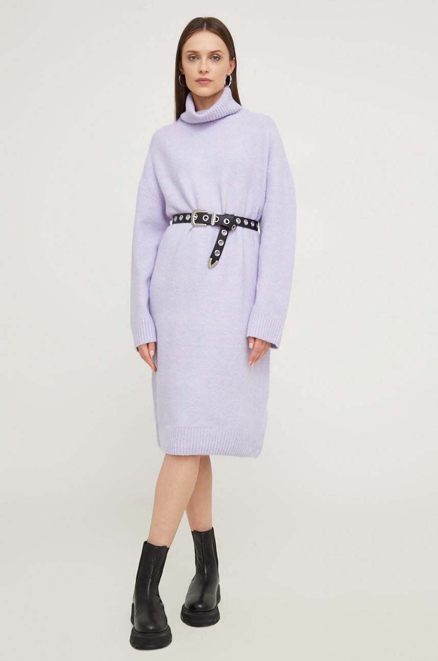 Vlněné šaty Answear Lab fialová barva, mini, oversize - fialová - 65 % Recyklovaný polyester