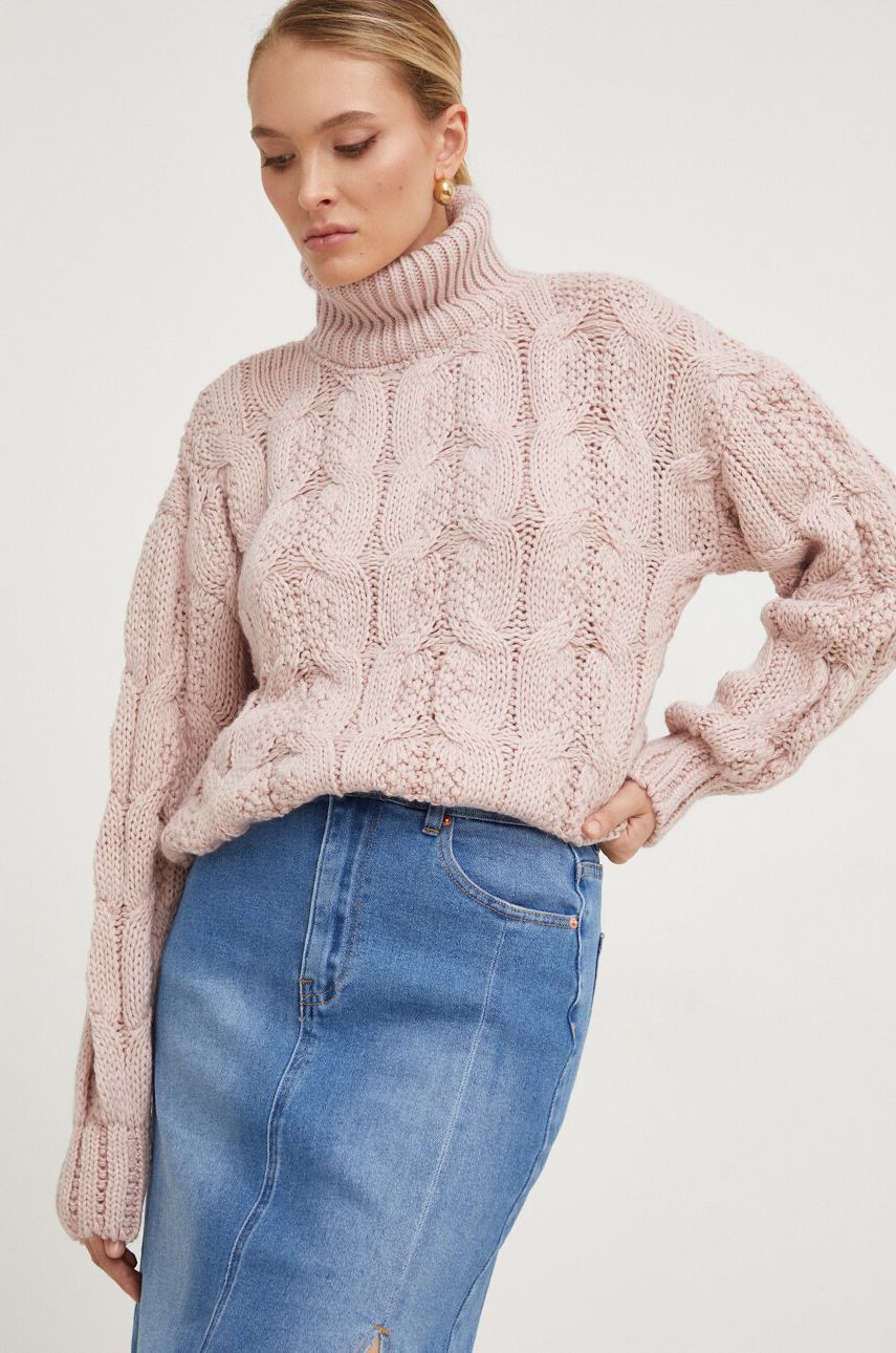 Answear Lab pulover de lana culoarea roz, cu guler