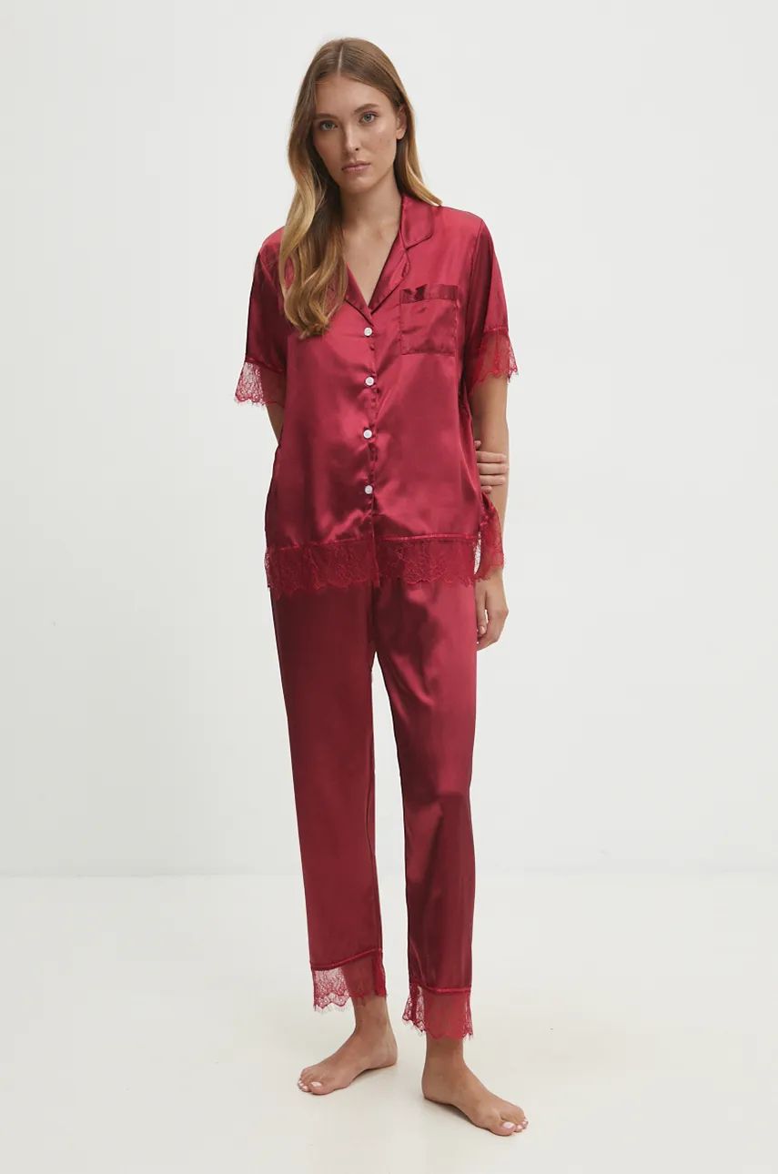 Answear Lab pijama femei, culoarea bordo, satin