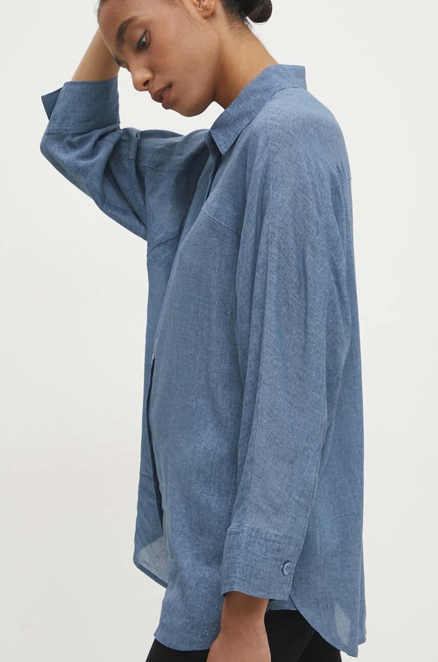 

Риза с лен Answear Lab в синьо със свободна кройка с класическа яка, Син