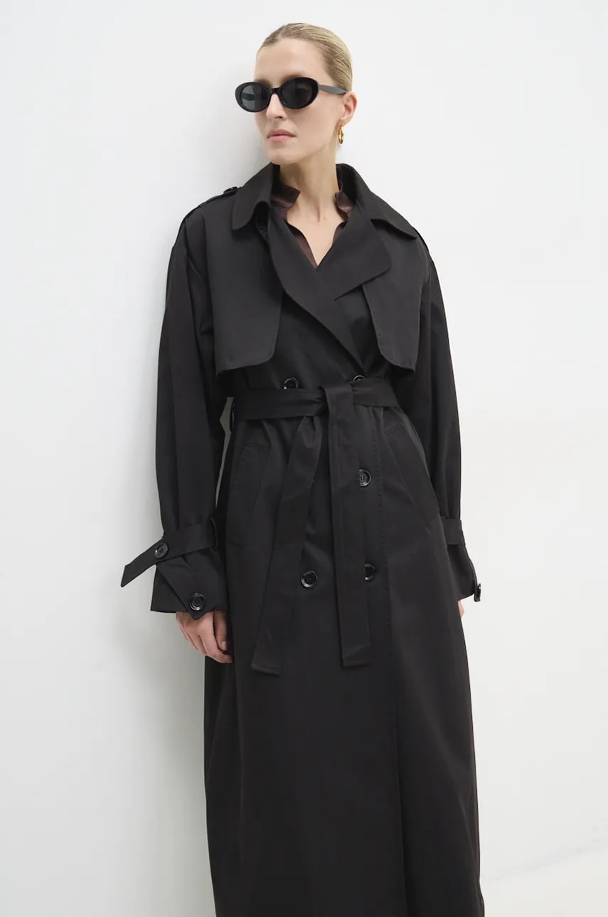 Answear Lab trenci femei, culoarea negru, de tranzitie, cu doua randuri de nasturi Answear Lab trenci femei, culoarea negru, de tranzitie, cu doua randuri de nasturi