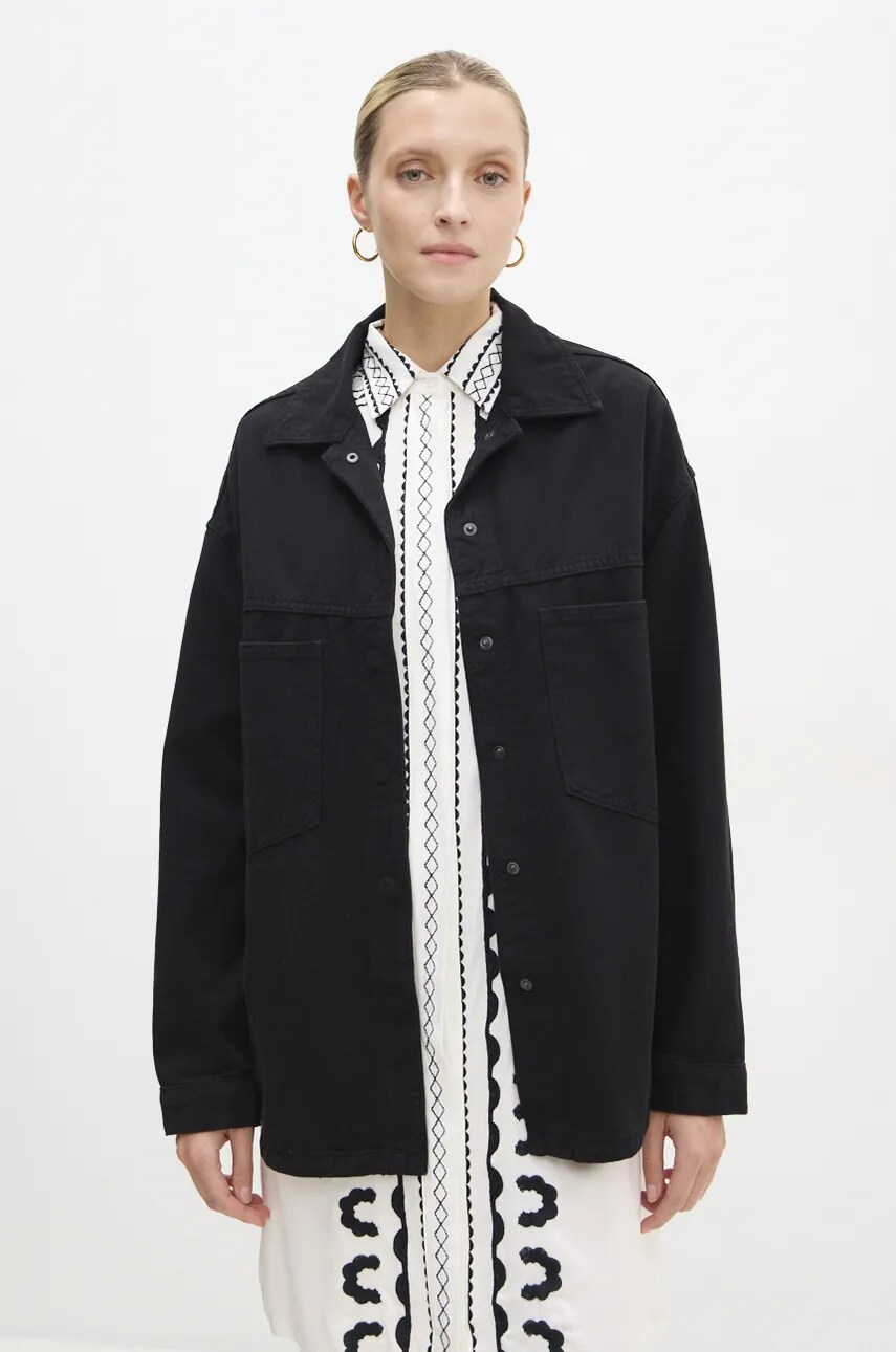 Answear Lab geacă din denim femei, culoarea negru, de tranziție, oversized