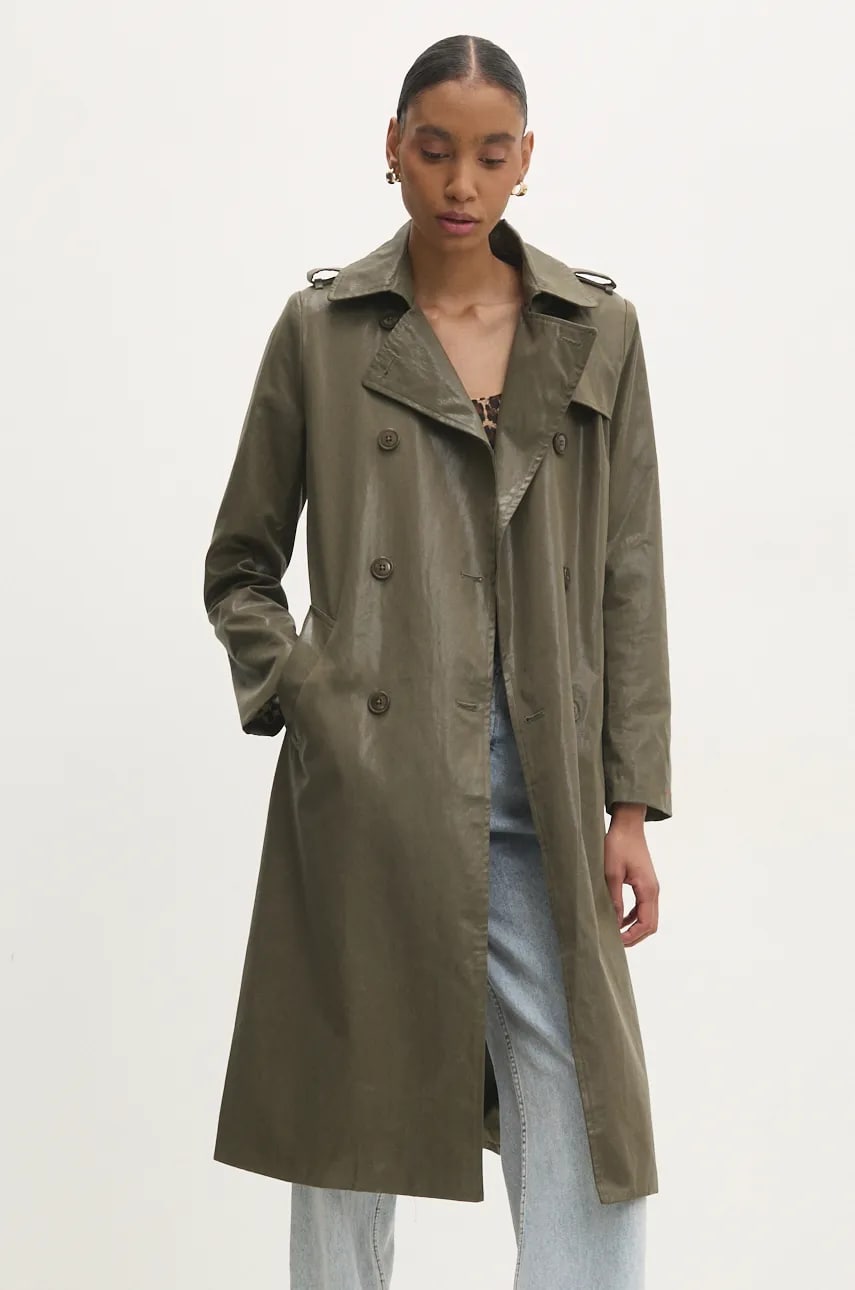 Answear Lab trenci femei, culoarea verde, de tranzitie, cu doua randuri de nasturi Answear Lab trenci femei, culoarea verde, de tranzitie, cu doua randuri de nasturi