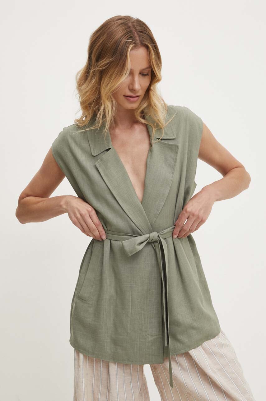 Answear Lab vestă de in culoarea verde, desfacut