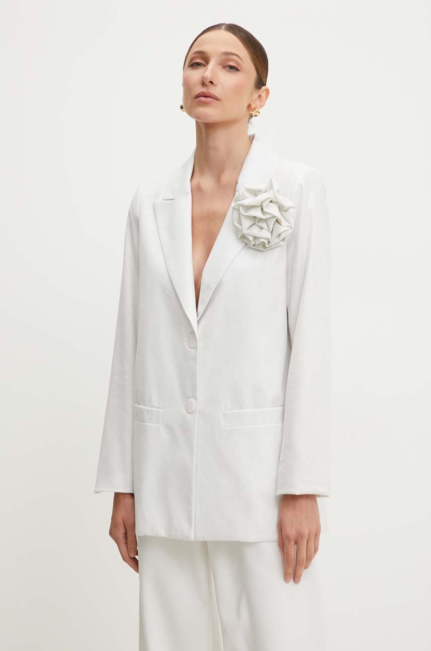 Answear Lab blazer din amestec de in culoarea alb, un singur rand de nasturi, neted