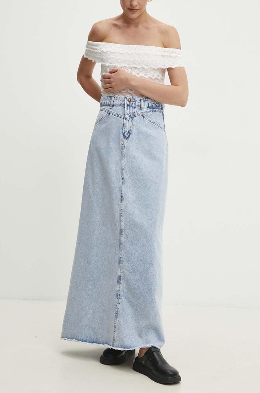 Answear.LAB spódnica jeansowa kolor niebieski maxi rozkloszowana
