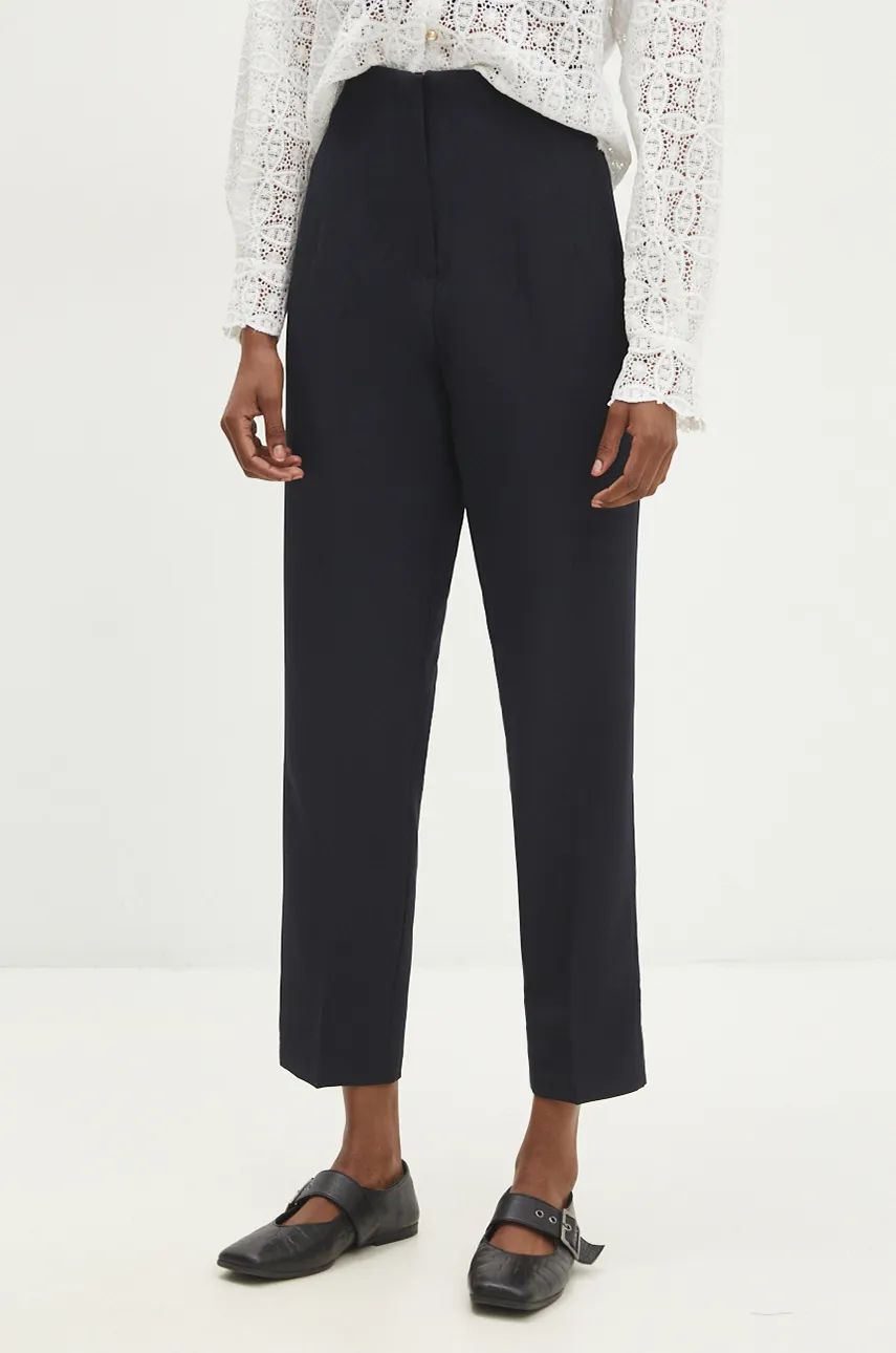 Answear Lab pantaloni femei, culoarea albastru marin, drept, high waist