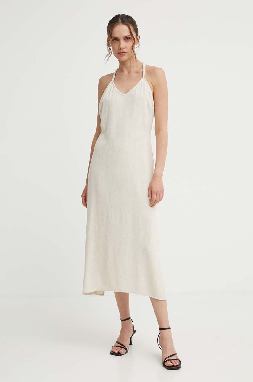 Answear Lab rochie din in culoarea bej, midi, evazati Answear Lab rochie din in culoarea bej, midi, evazati
