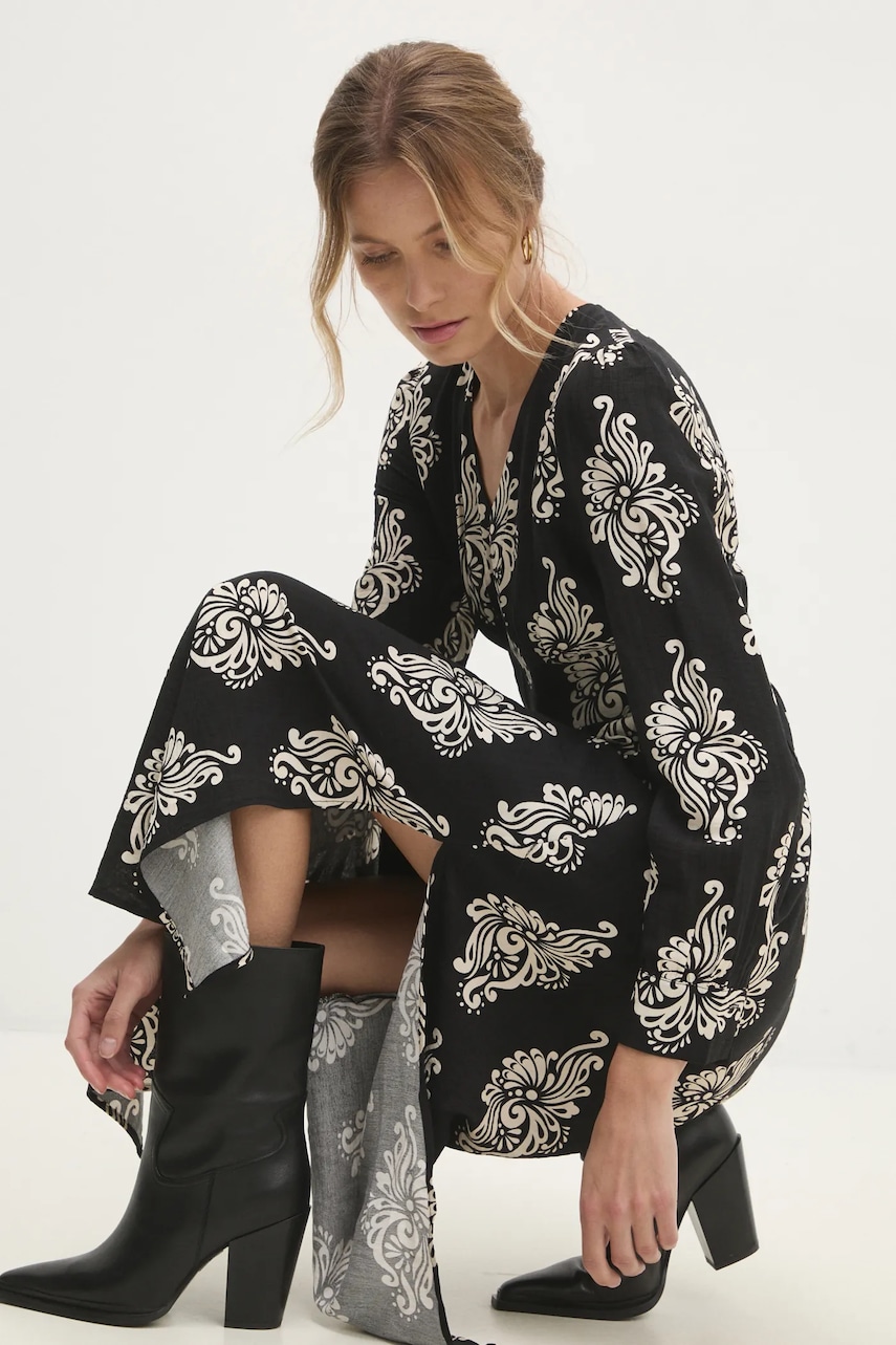 Answear Lab rochie din in culoarea negru, midi, evazati Answear Lab rochie din in culoarea negru, midi, evazati