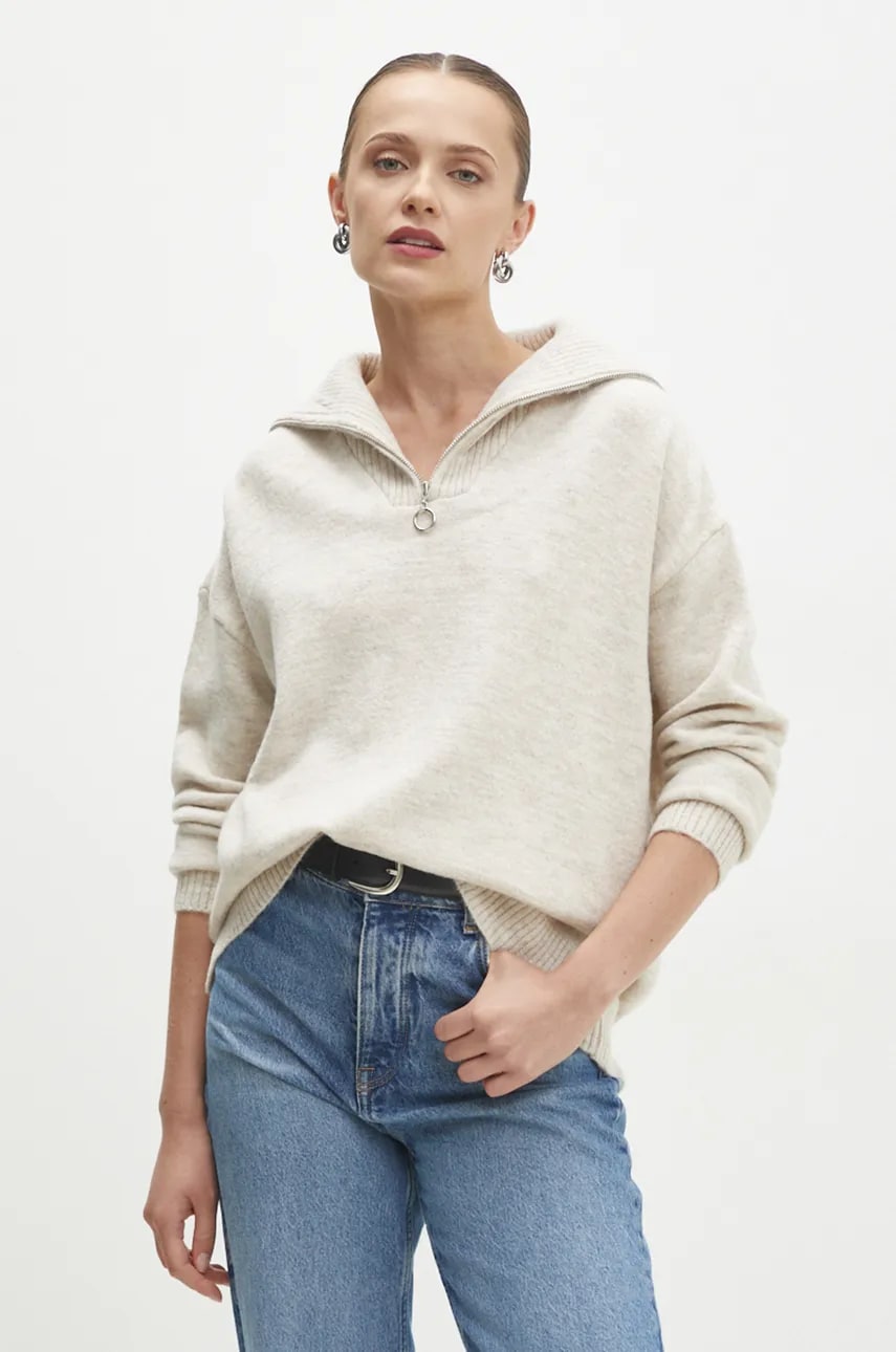 Answear Lab pulover de lana culoarea bej, light, cu guler