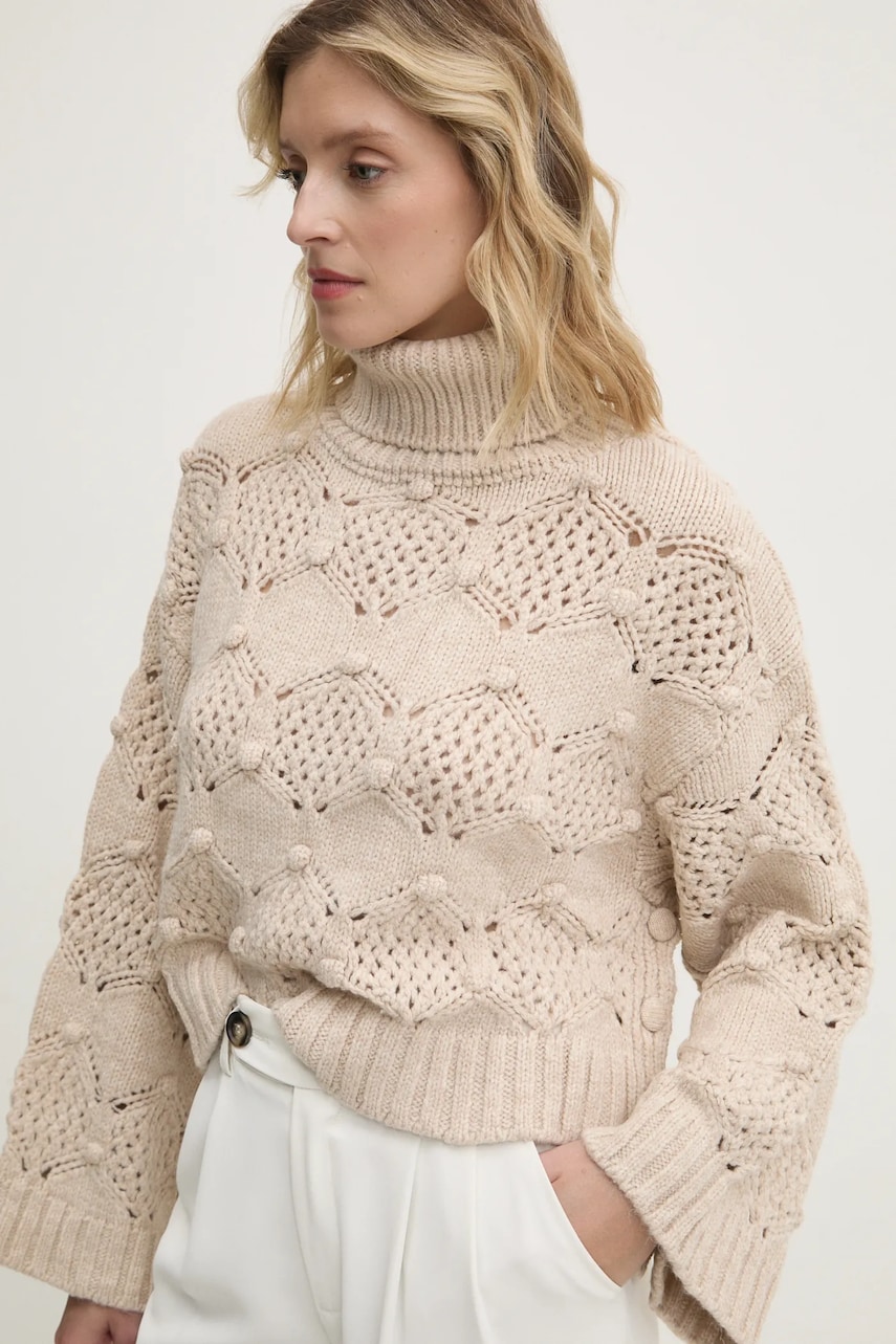 Answear Lab pulover femei, culoarea bej, calduros, cu guler