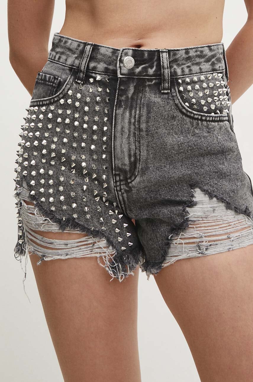 Answear Lab pantaloni scurti jeans femei, culoarea gri, cu imprimeu, high waist Answear Lab pantaloni scurti jeans femei, culoarea gri, cu imprimeu, high waist