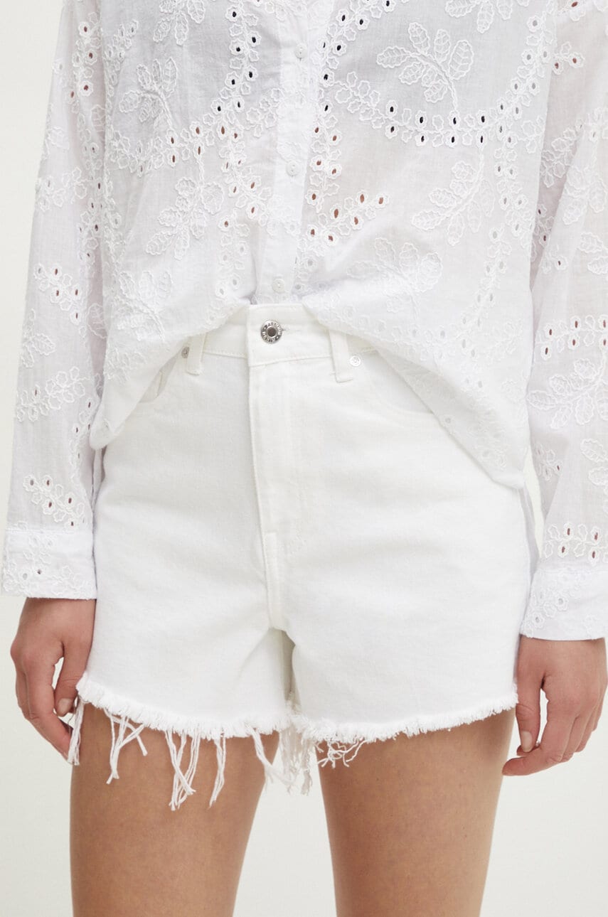 Answear Lab pantaloni scurti jeans femei, culoarea alb, neted, high waist