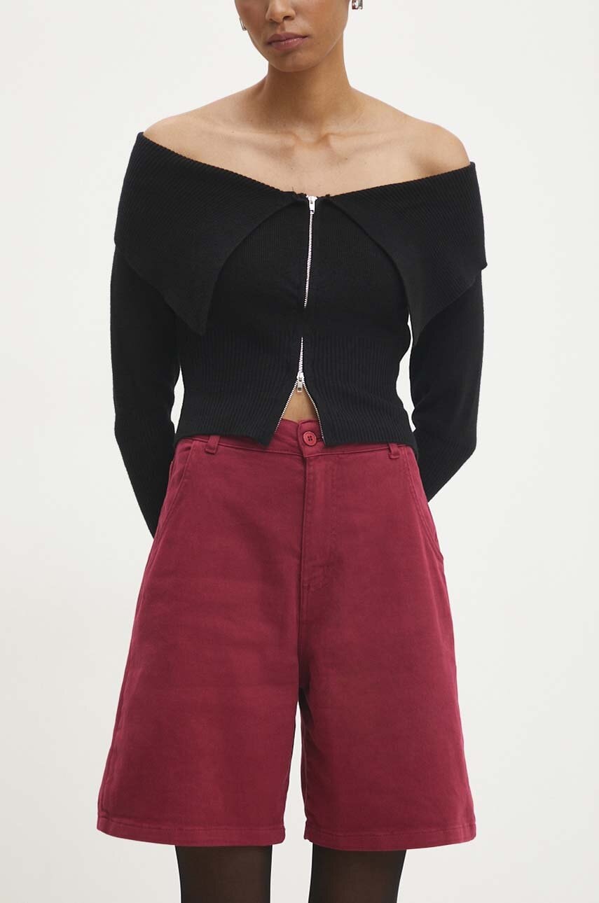 Answear Lab pantaloni scurti jeans femei, culoarea bordo, neted, high waist