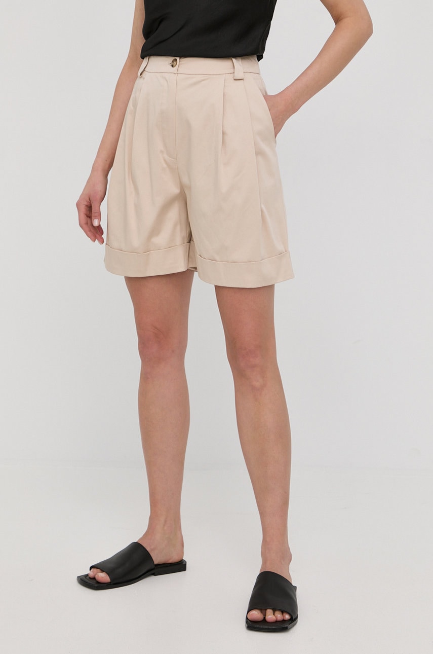Silvian heach pantaloni scurti femei, culoarea bej, neted, high waist
