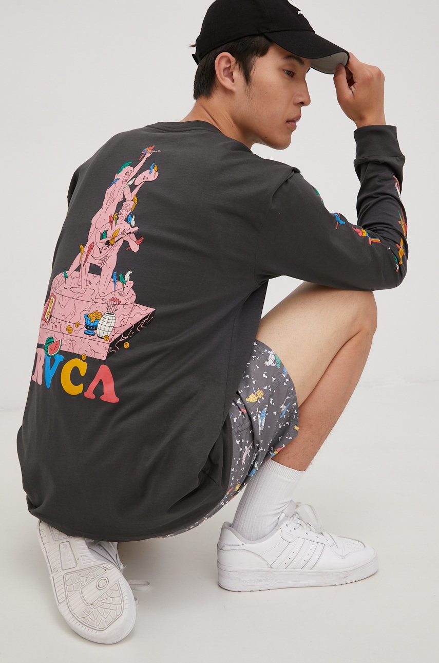 

Памучна блуза с дълги ръкави RVCA в сиво с принт, Сив
