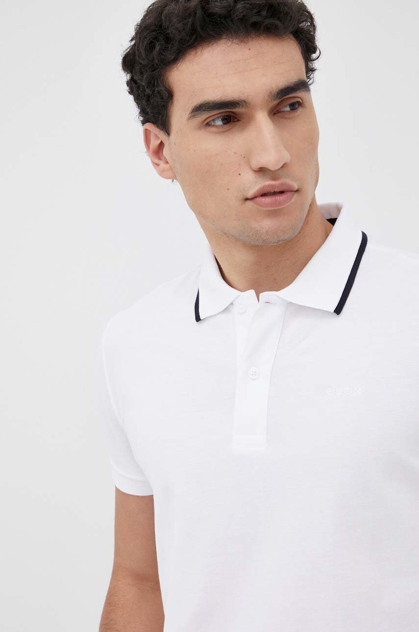 Geox polo de bumbac culoarea alb, neted